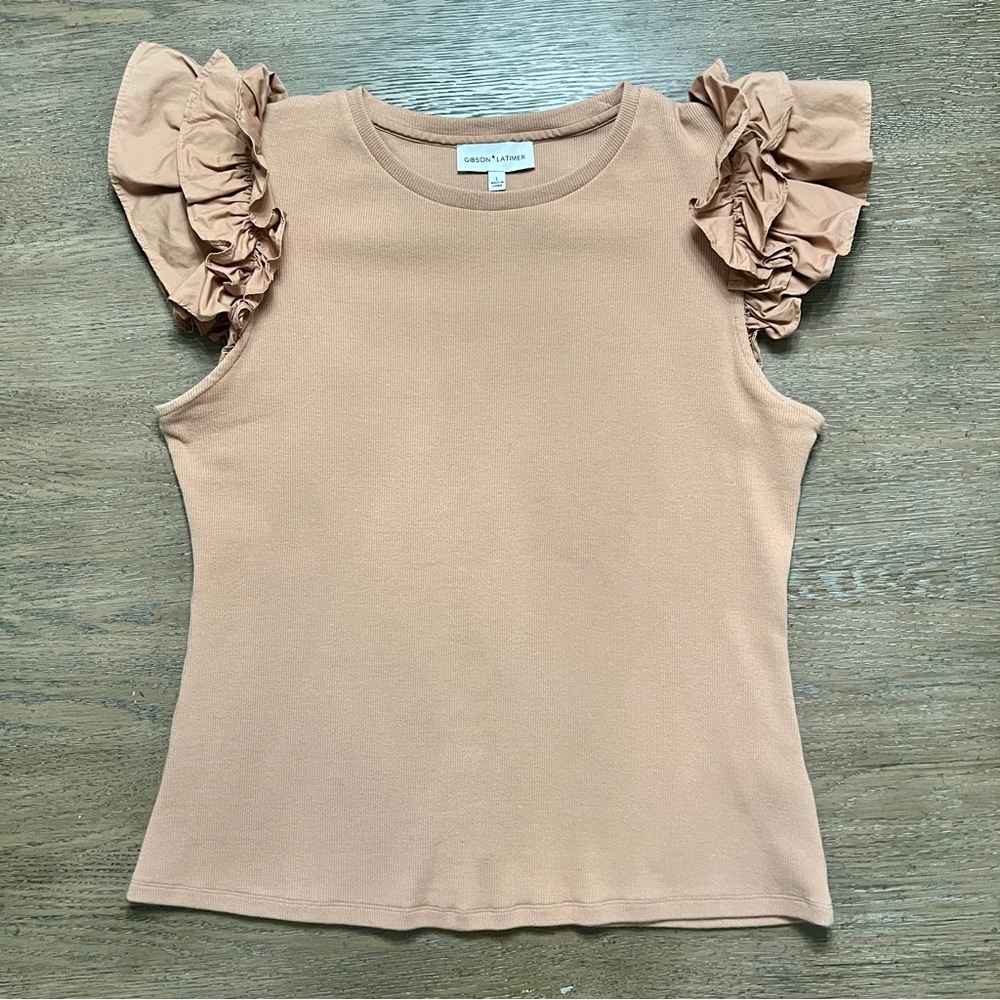 Gibson Latimer Beige Ruffle Sleeve Ribbed Crew Neck Tank Top size Large - Picture 6 of 7